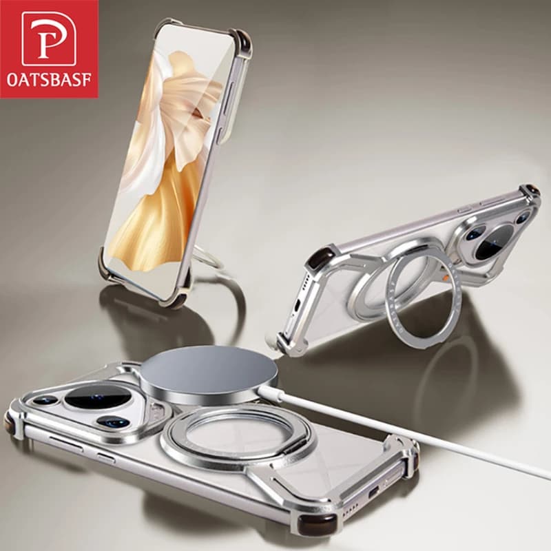 Oatsbasf for Huawei Pura 70/70 Pro/70 Pra+/70 Ultra Phone Case with Stand 360° Rotate Metal Frameless Shockproof Cover Magnetic