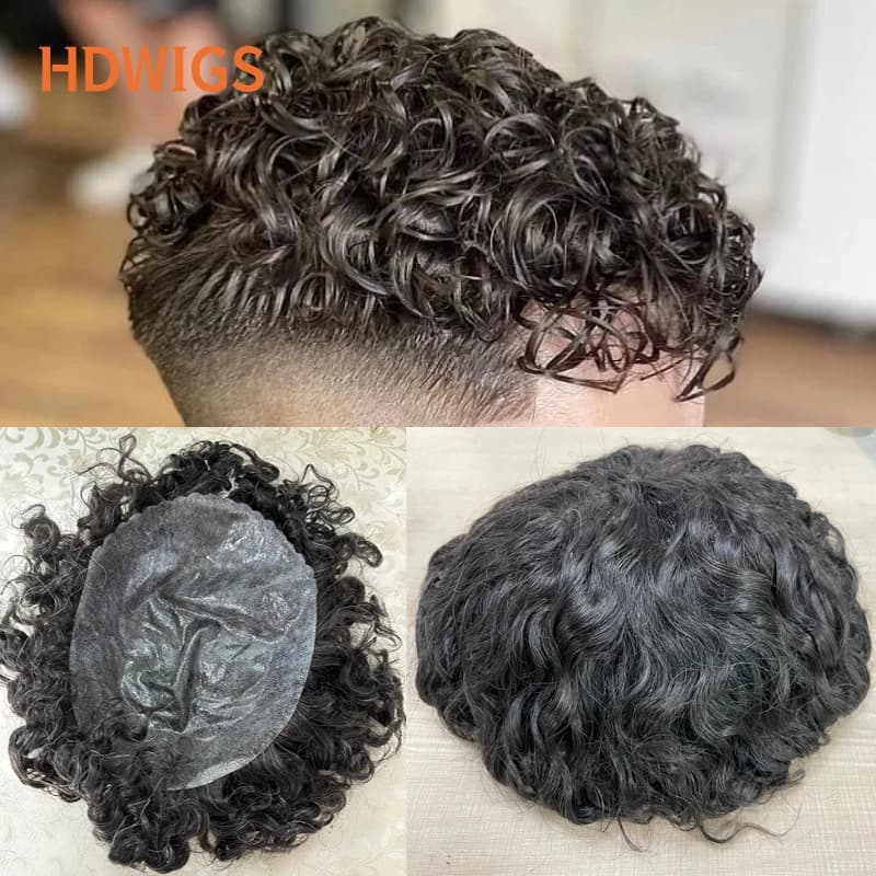 Curly Men Toupee Full PU 0.12-0.14cm ISKIN With Knots Capillary Prosthesis Indian Human Hair Wig Water Wave Natural Hairpiece