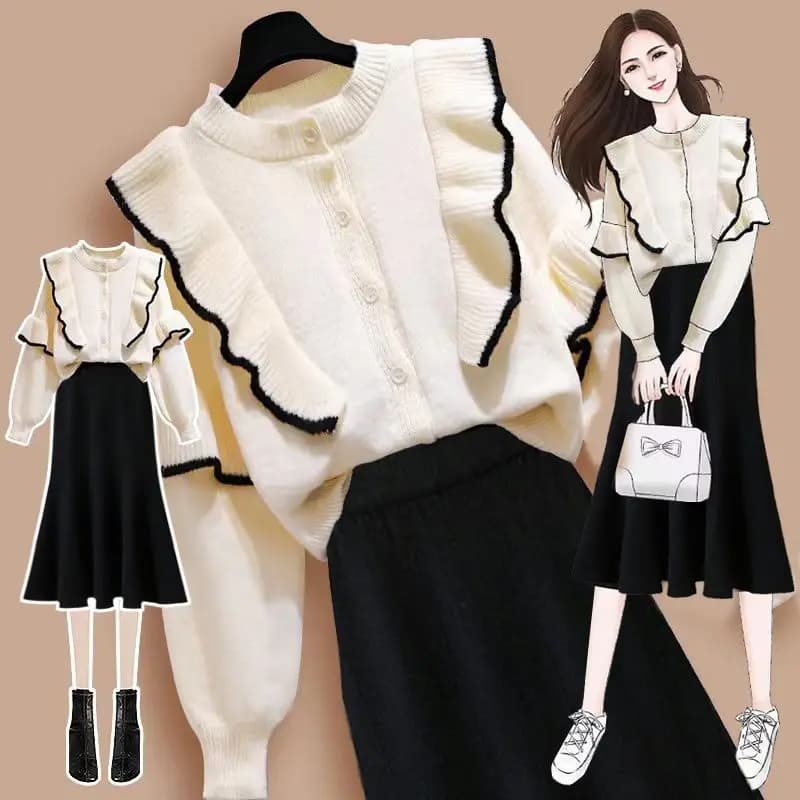 Autumn Winter Fashion Knitwear Outfits Women's New Ruffle White Sweater High Waist Slim Skirt Two Piece Suit Graceful Tops Skirt