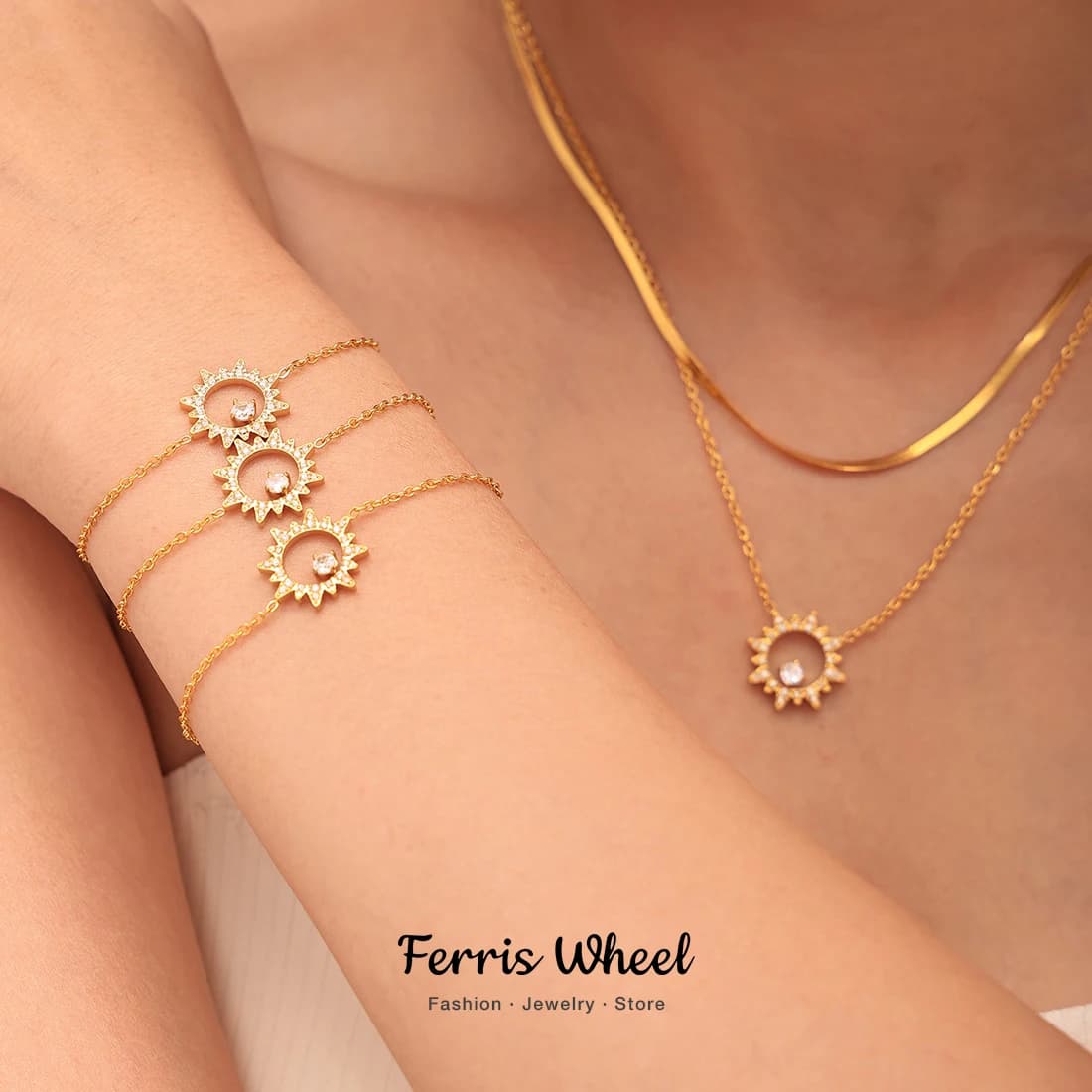 Luxury Necklace Bracelet Set for Women Stainless Steel Waterproof Chain Vintage Sun Pendant Zircon Jewelry Party Gift