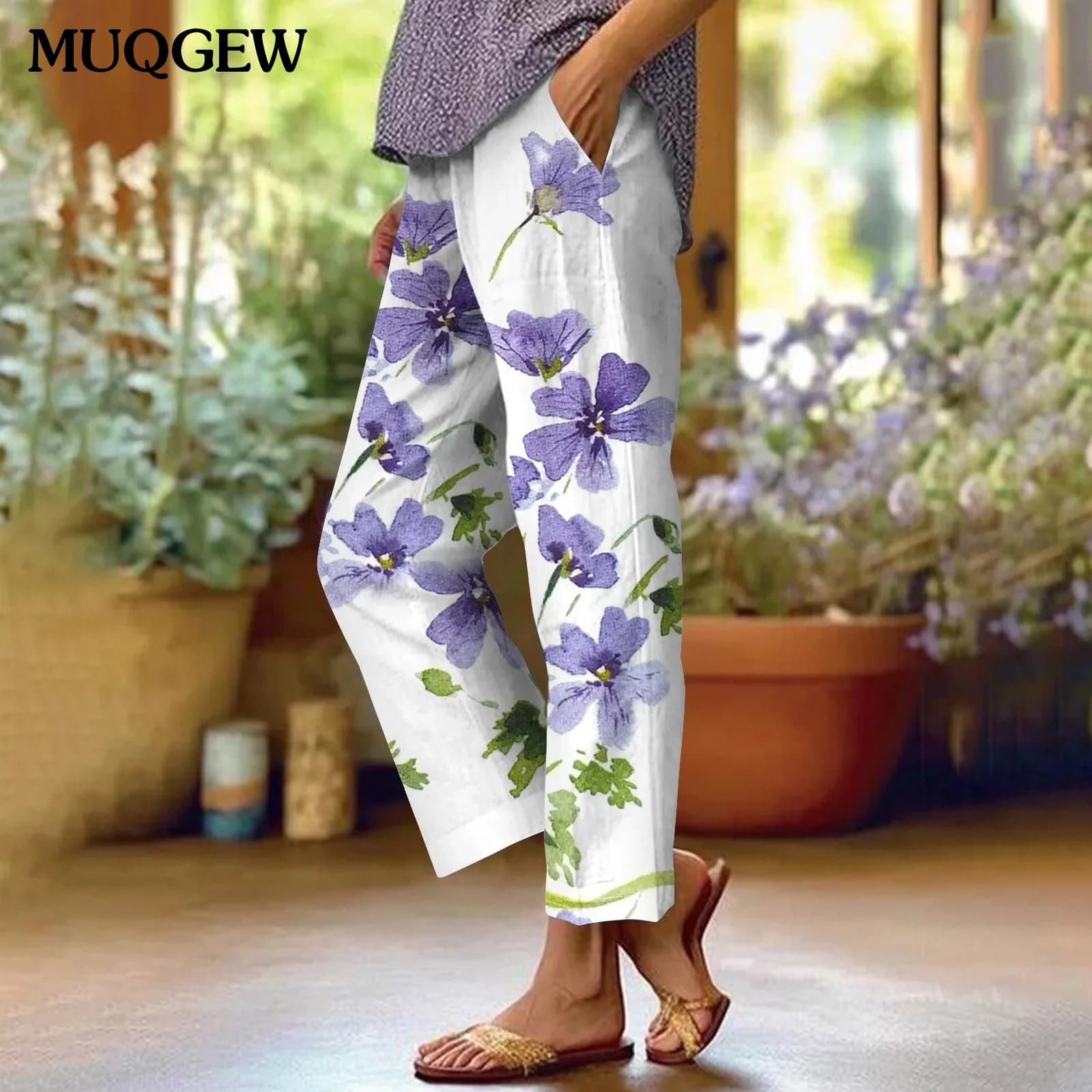 Flower Print Women Cotton Linen Pants Pockets Pants Straight Casual Long Women Pants High Waist Loose Women's New Pants 2024
