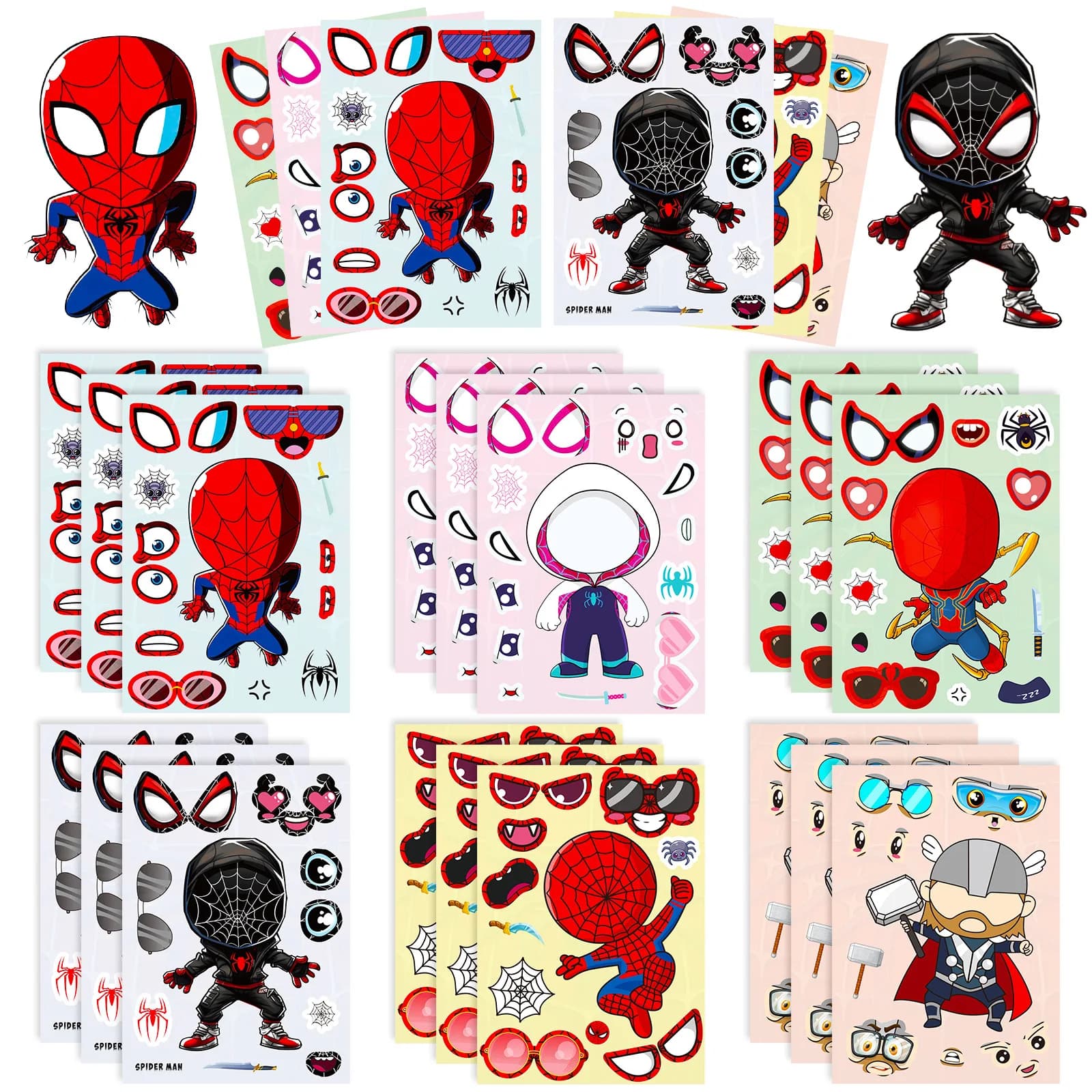 6/12 Sheets The Avengers Super Hero Spiderman Make A Face Puzzle Stickers Kids Make Your Own DIY Children Stationary Stickers
