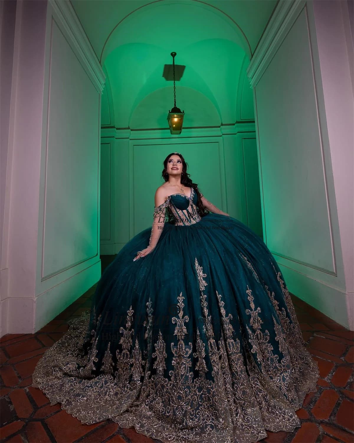 Green Ball Gown Quinceanera Dress Luxury Applique Sequins Lace Birthday Sweet 16 Dress Off Shoulder Mexican Vestidos De 15 Años