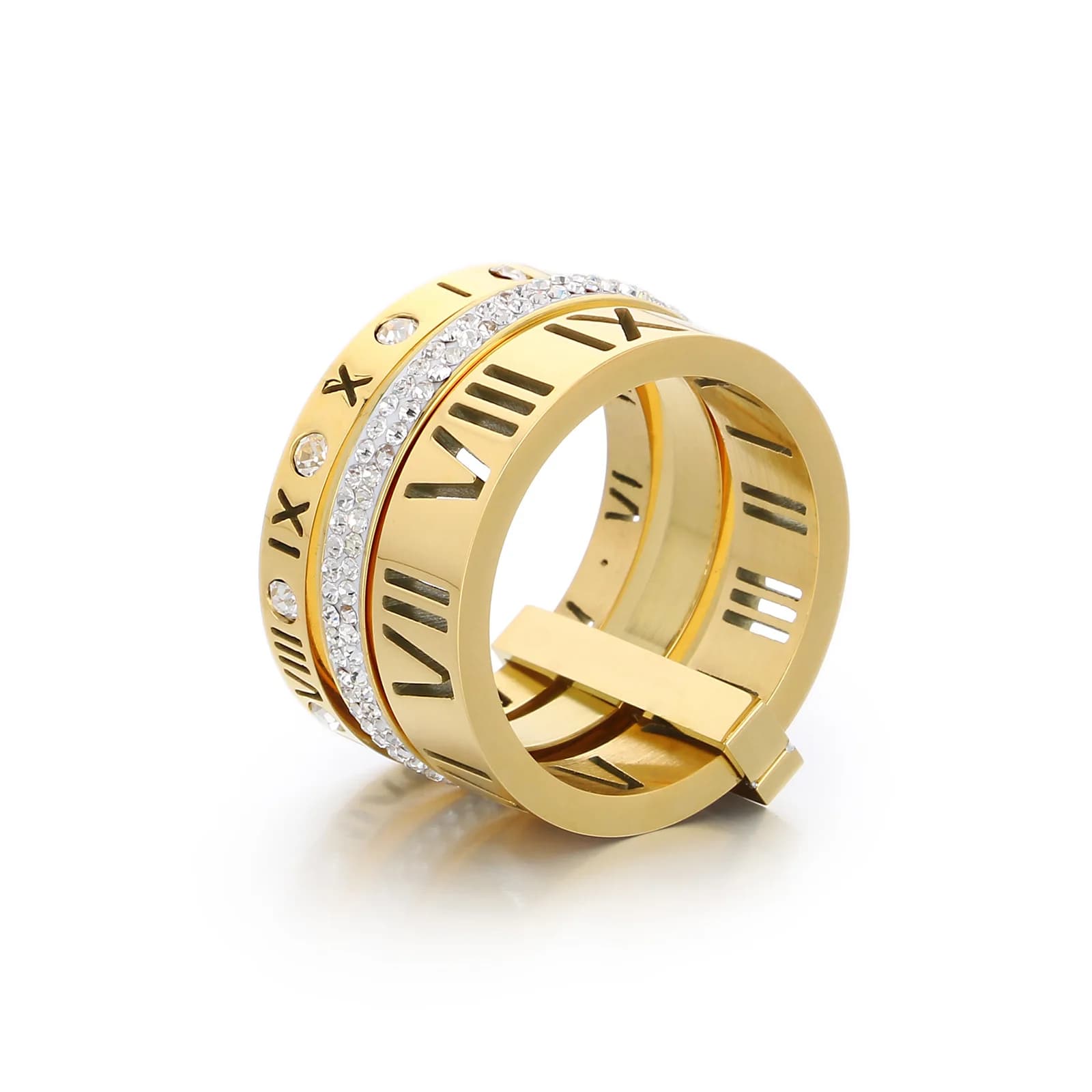 Three Layers Roman Numerals Ring for Women Luxury Stainless Steel Rotatable Crystal Finger Rings Female Wedding Trendy Jewelry