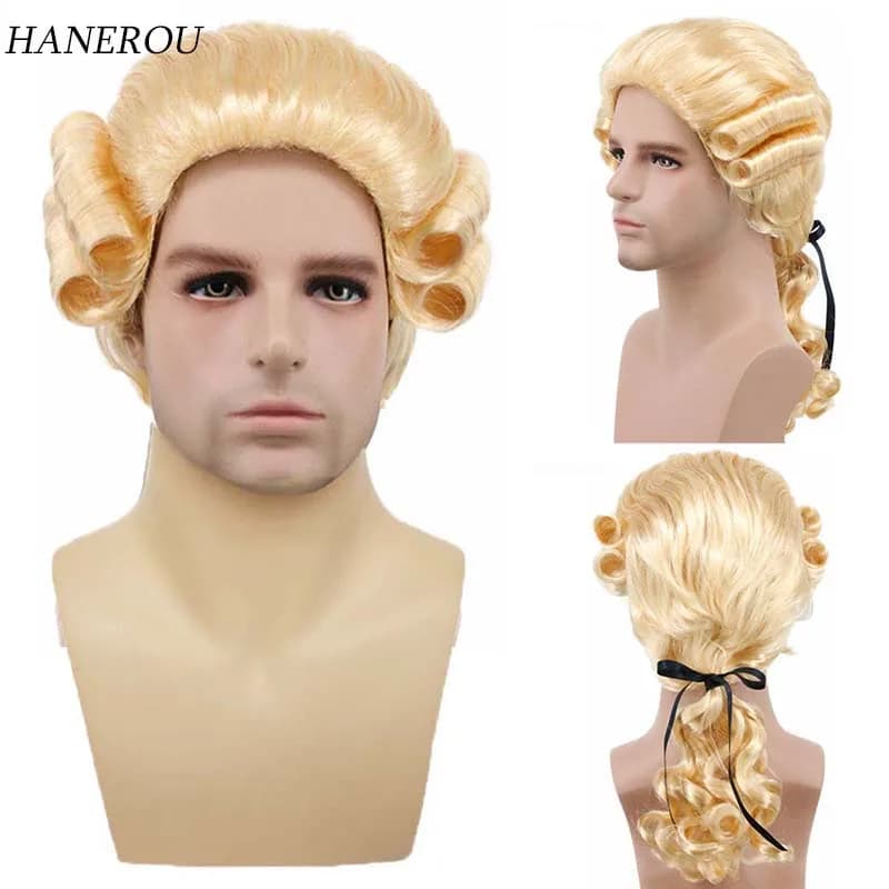 Synthetic Lawyer Long Grey White Wigs Judge Baroque Curly Male Blonde Wigs Deluxe Halloween Costume Cosplay Wig + Wig Cap