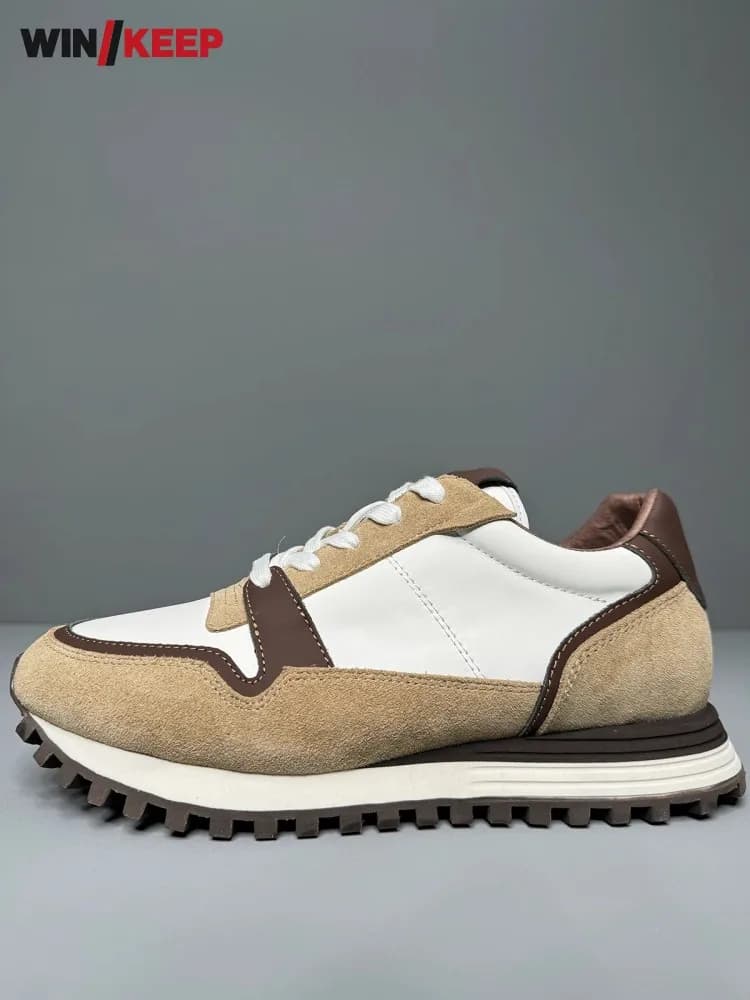 New Spring Vintage Spliced Design Lace Up Mens Running Sneakers Thick Bottom Genuine Leather Sport Shoes Male Jogging Trainers