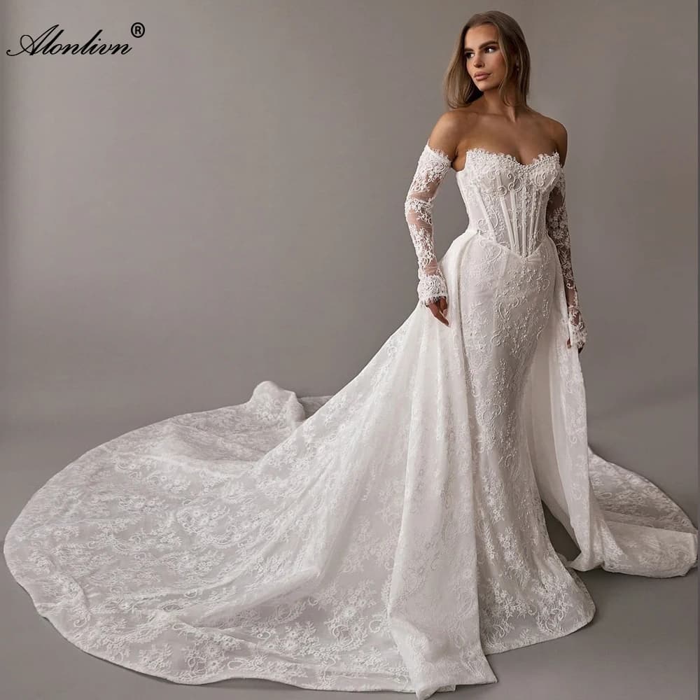 Alonlivn Customize Made Beauty Lace Fitted Beaded 2 In 1 Mermaid Wedding Gowns Trumpet Removable Train Bridal Gowns
