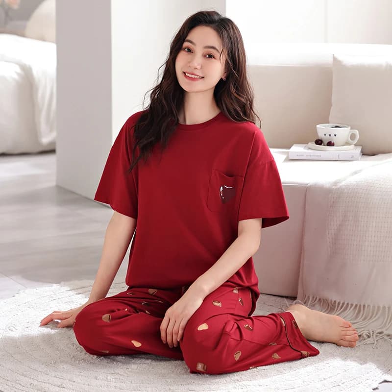 Newest Summer Women Pajamas Set Ladies 100% Cotton Sleepwear Female Short Top+Long Pant Solid Pyjamas