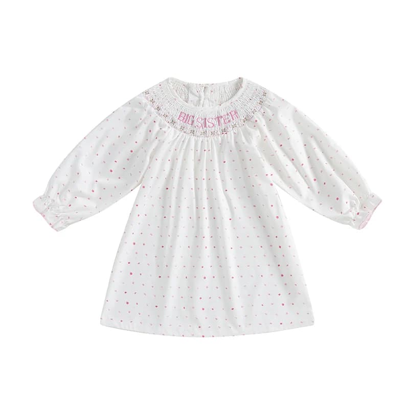 Little Girl Fall Dress Letter Bow Embroidery Shirred Round Neck Ruffle Sleeve A-Line Dress for Daily School Travel
