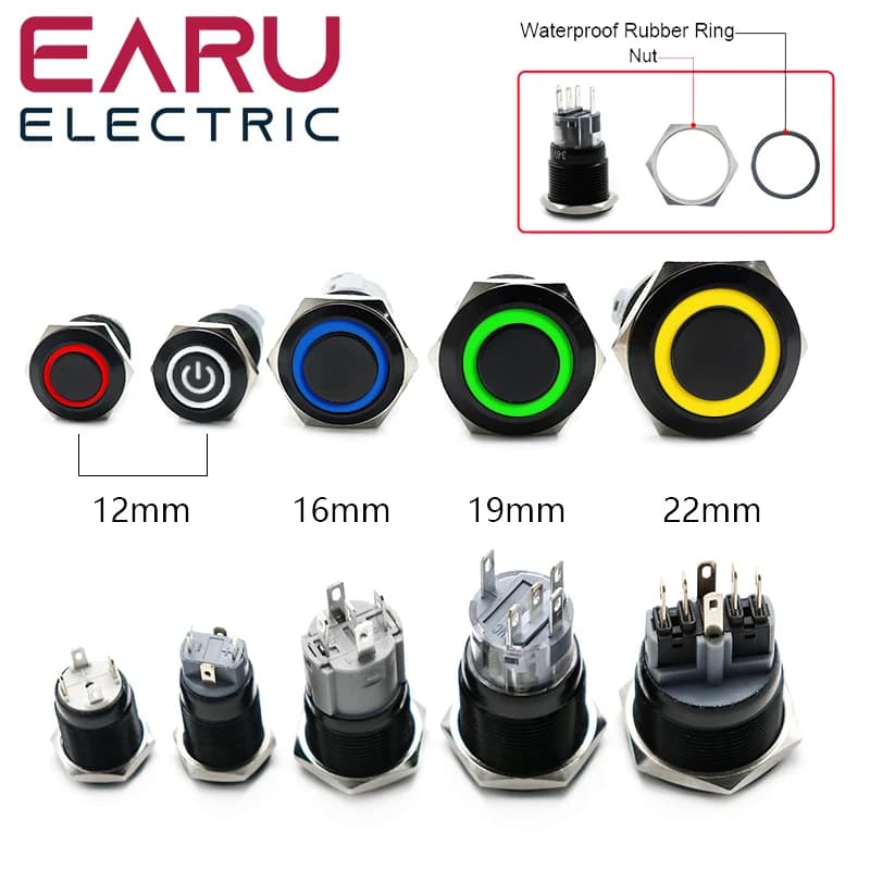 12/16/19/22mm Waterproof Metal Push Oxidized Black Button Switch LED Light Momentary Latching Car Engine Power Switch 5V 12V 24V