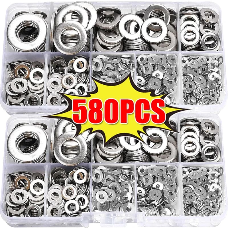 580/180pcs Stainless Steel Washer Assortment Kits M2-M12 Metal Screw Flat Washers Rings Plain Gaskets Fasteners for Screws Bolts