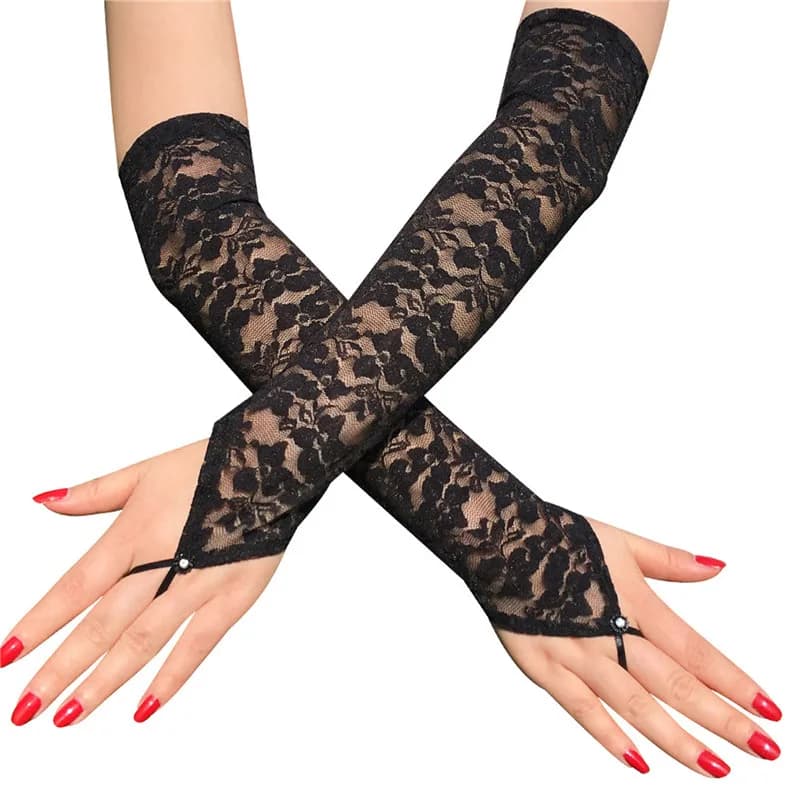 Arm Elbow Gloves Stretch Women Fingerless Long Lace Gloves Dress Accessories Sexy Floral Transparent Elegant Arm Sleeve White