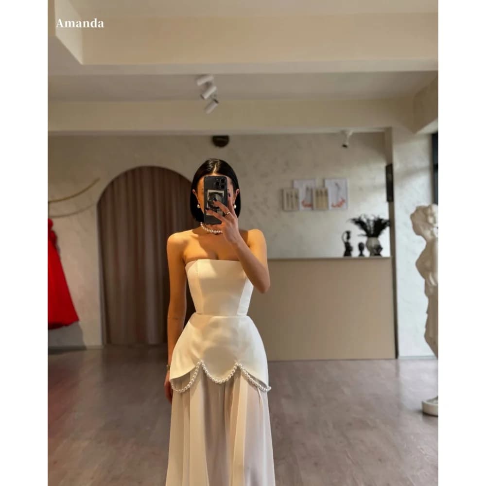 Amanda Customized White Pearls Strapless Two-Piece Set Prom Dresses Sleeveless vestidos de noche Satin A-line Formal Evening