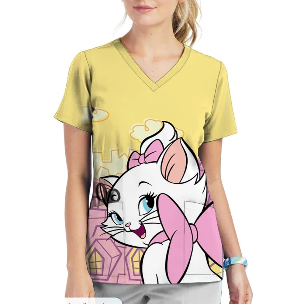 Disney Mary Cat Print Nurse Medical Operating Room Doctor Nursing Uniform Pet Hospital Clothing Tops Scrubs Short-sleeved Top