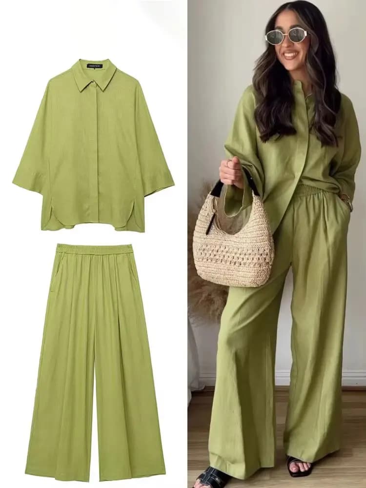 HH Women Casual Solid Blouse Pant Sets Loose Long Sleeve Lapel Shirts Elastic Waist Wide Leg Trousers Office Lady Suit