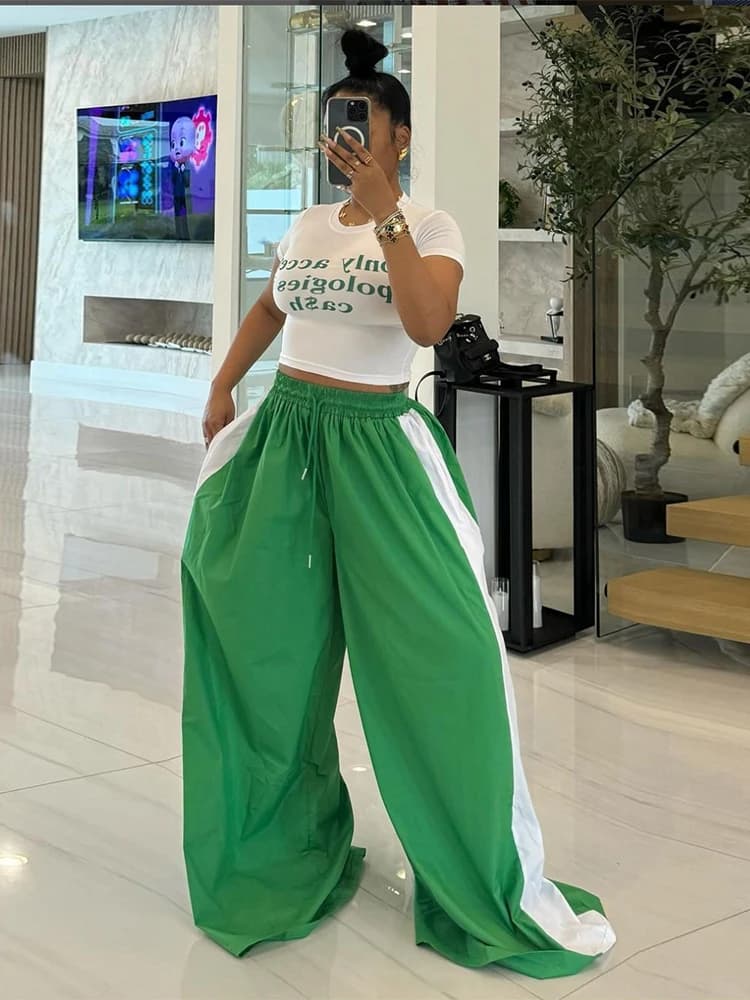 kliou Panelled Stripe Women Pants Casual Sporty Elastic Waist Drawstring Loose Tracksuits Bottoms Female Wild Concise Trousers