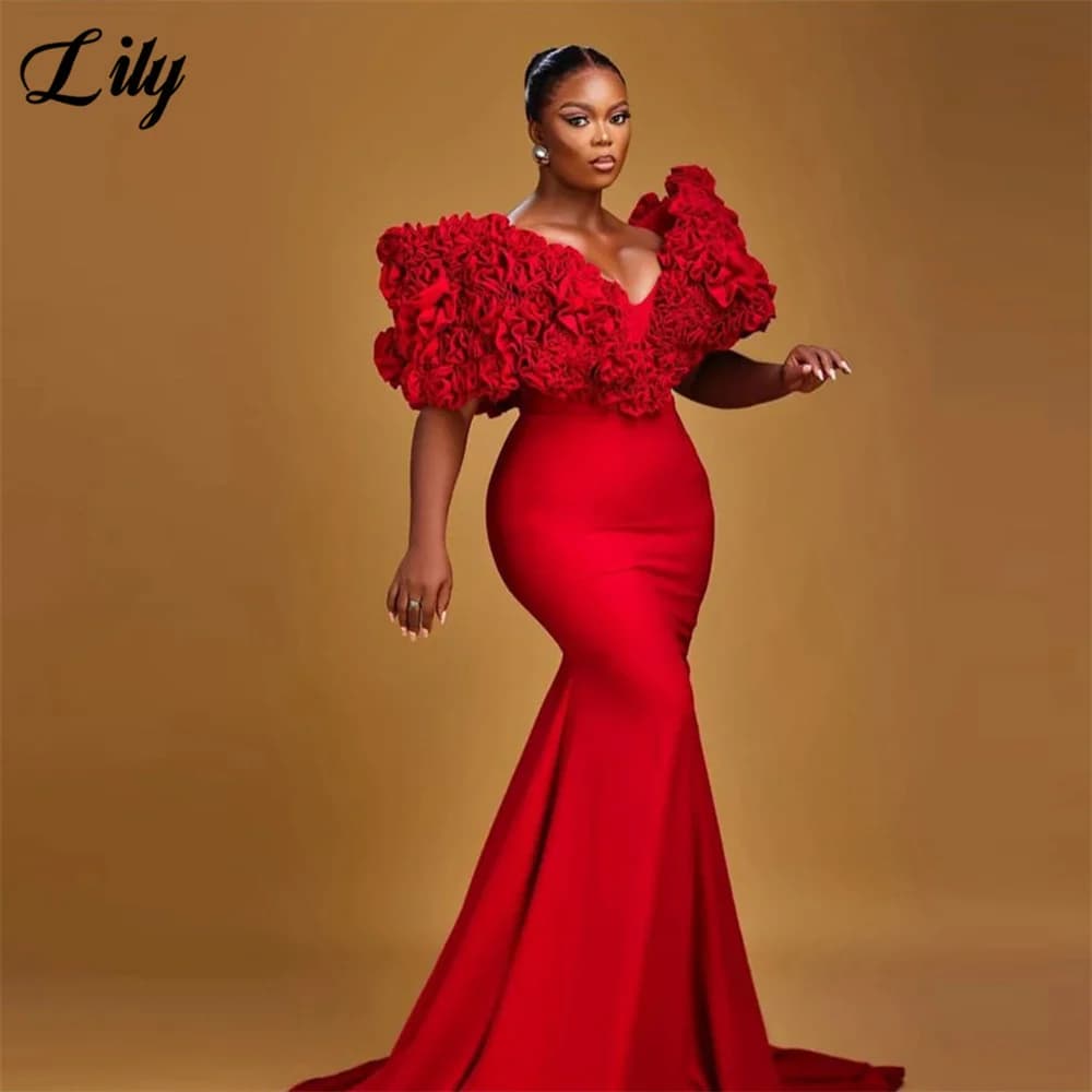 Lily Glamorous Red Prom Dress V - Neckline Mermaid Evening Dresses with Exaggerated Floral - Shoulder Formal Gown Customized