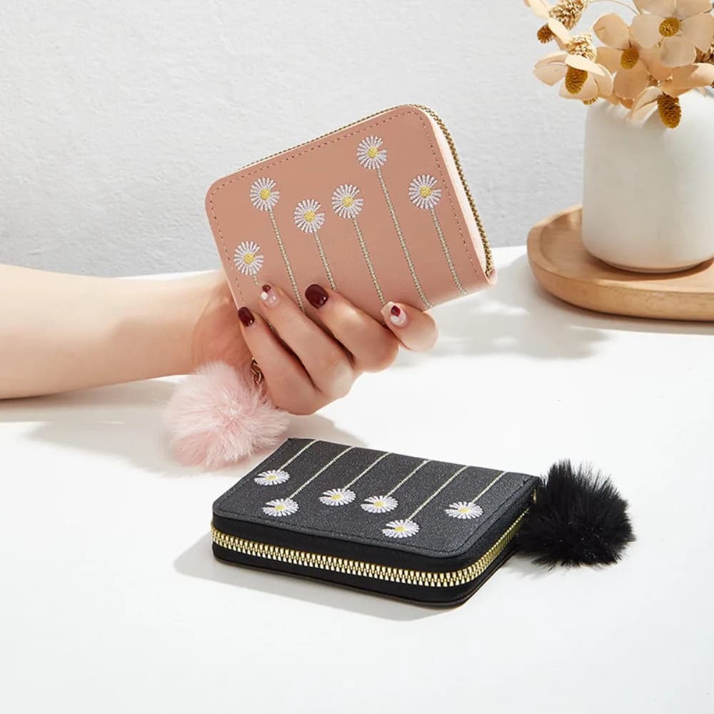 PU Leather Short Wallet New Zipper Plush Ball Coin Purse Mini Women Wallets Ladies