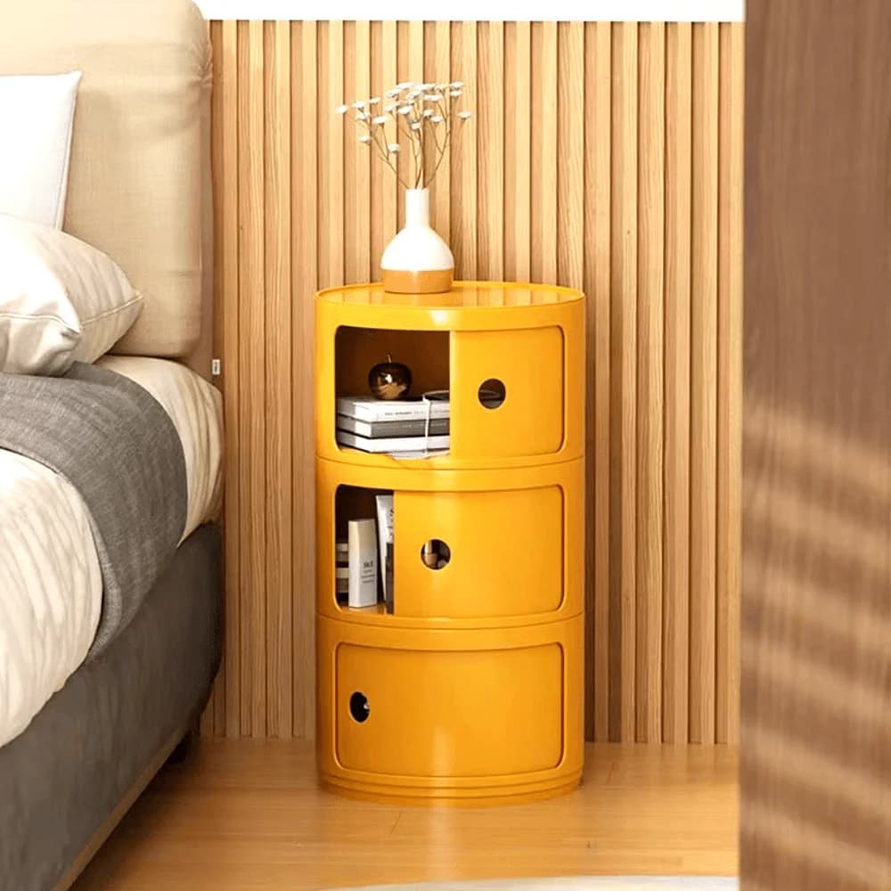 Round Cabinet with Sliding Doors - Multi-Tiered Round Storage Unit for Living Room Bedroom