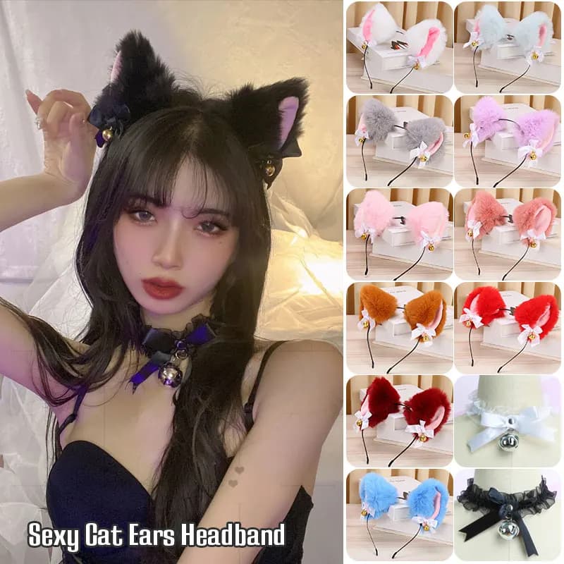Plush Rabbit Sexy Cat Ears Headband for Women Girls Lace Bow Necklace Plush Bell Hairband Cosplay Masquerade-Party Costume Hair