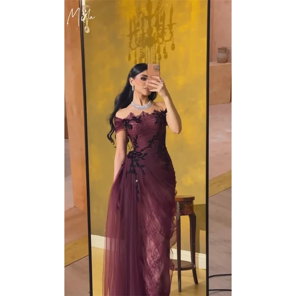 Mila Red Off the Shoulder A-Line Party Dresses Tulle Lace Embroidery Prom Dresses Floor-Length Evening Dresses Customized 2025