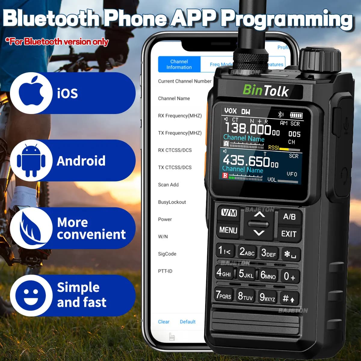 BinTolk BT7700 Walkie Talkie Portable Full Band Bluetooth Programmer Noise Reduction Spectrum Analyzer AM Two Way Radio BT8000