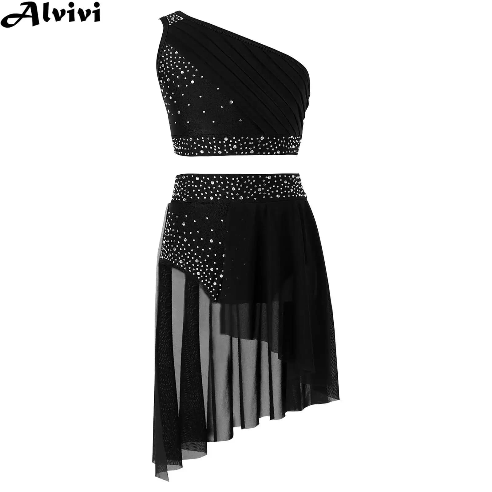 Kids Girls Modern Lyrical Dance Stage Performance Costume Jazz Skating Ballet Gymnastics Outfit One Shoulder Crop Top with Skirt