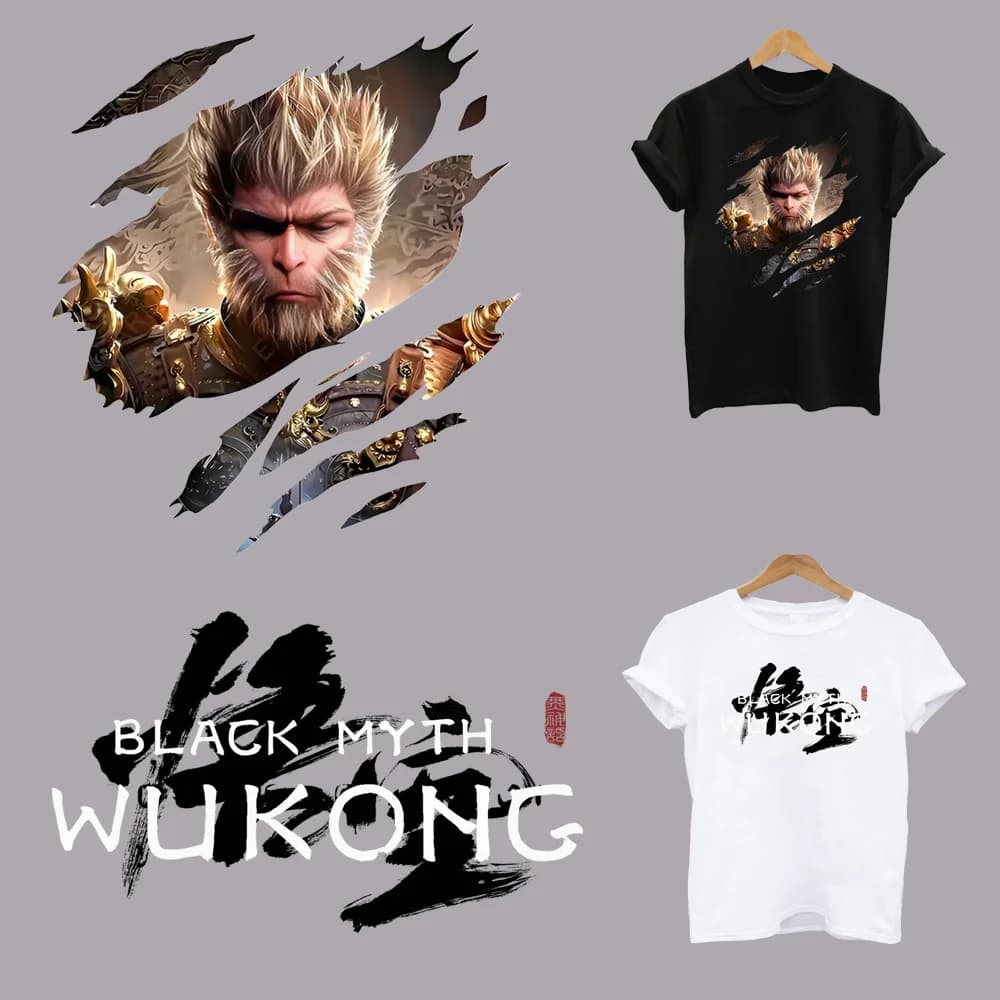 2PCS/Lot Black Myth Wukong Iron On Ironing Thermoadhesive Fusible Patches Heat Thermal Transfer T Shirt Stickers For Clothes DIY