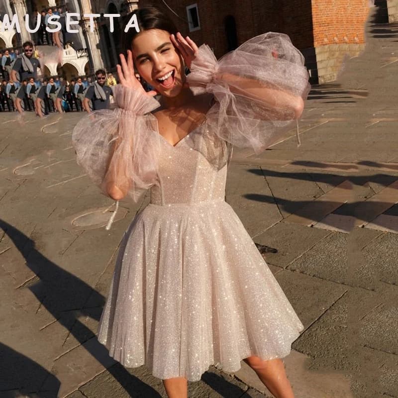 Musetta Glitter A-Line Formal Prom Dresses Puff Sleeve Sparkly V Neck Short Evening Gowns Sequins Graduation Dress Customized