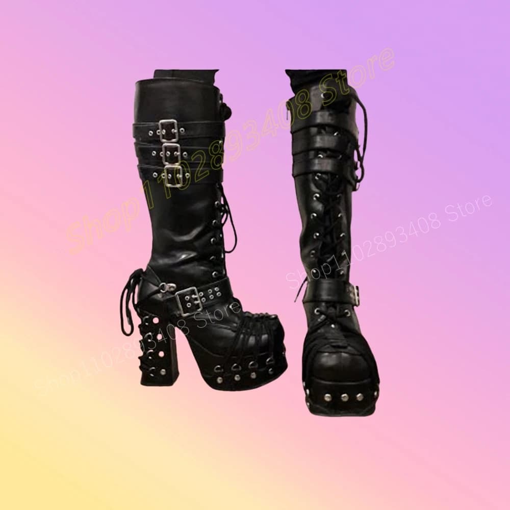 Black Metal Rivets Front Lace-up Mid Calf Boots Platform Punk Style Chunky High Heel Matte Leather Women Shoes 2024 Para Mujere