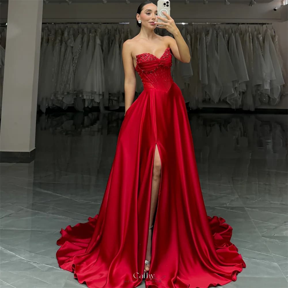 Cathy Customized Red Strapless Side High Split Prom Dresses Sequins Sleeveless vestidos de noiva A-Line Appliques Evening Dress