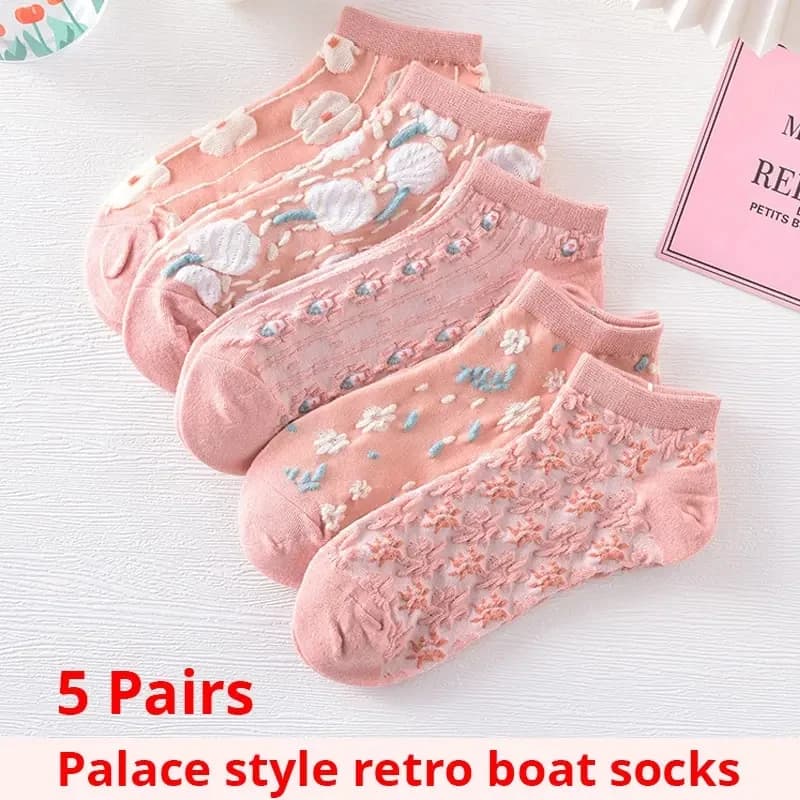 5 Pairs of Kawaii Cute Flower 3D Textured Ankle Socks - Vintage Style Thin Low Cut Hosiery for Womenity Pink Boat Socks Female