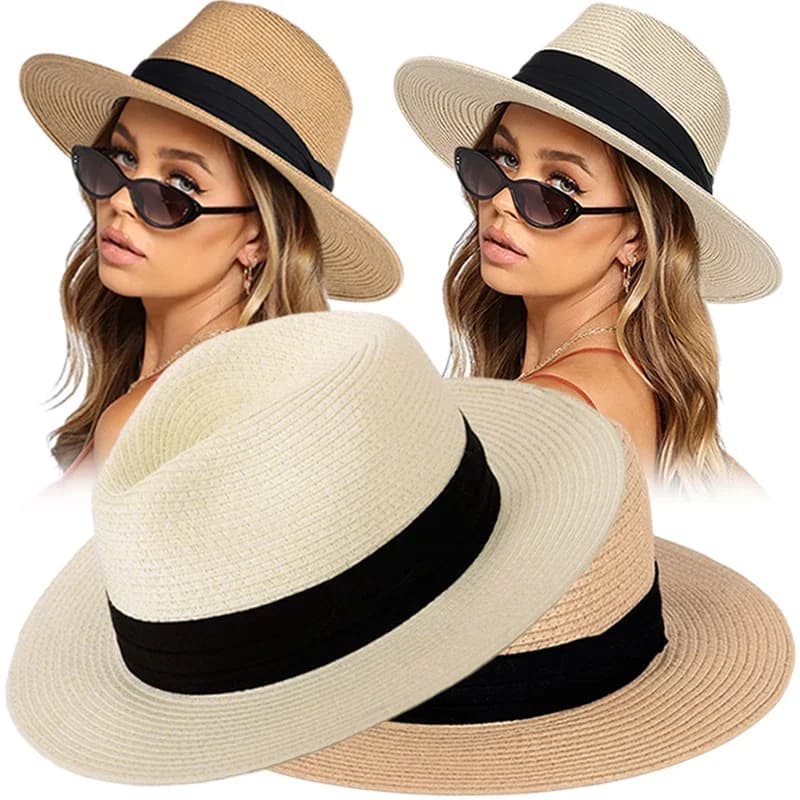 Unisex Panama Straw Hats for Women Men Summer Outdoor Beach Sun Hat Wide Brim Foldable Cap UPF50+ Cowboy Fedora Hat Gangster Cap