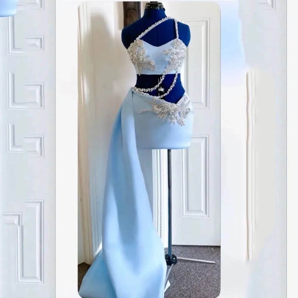 Luxury Blue Mini Short Cocktail Dress Sheath One Shoulder Cocktail Gowns for Women Sleeveless Beading Party Gown