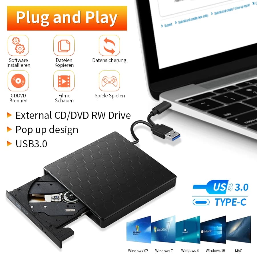 2in1 USB3.0 C Slim External DVD RW CD Writer Drive Burner Reader Player Optical Drives For Laptop PC DVD Burner DVD Portatil
