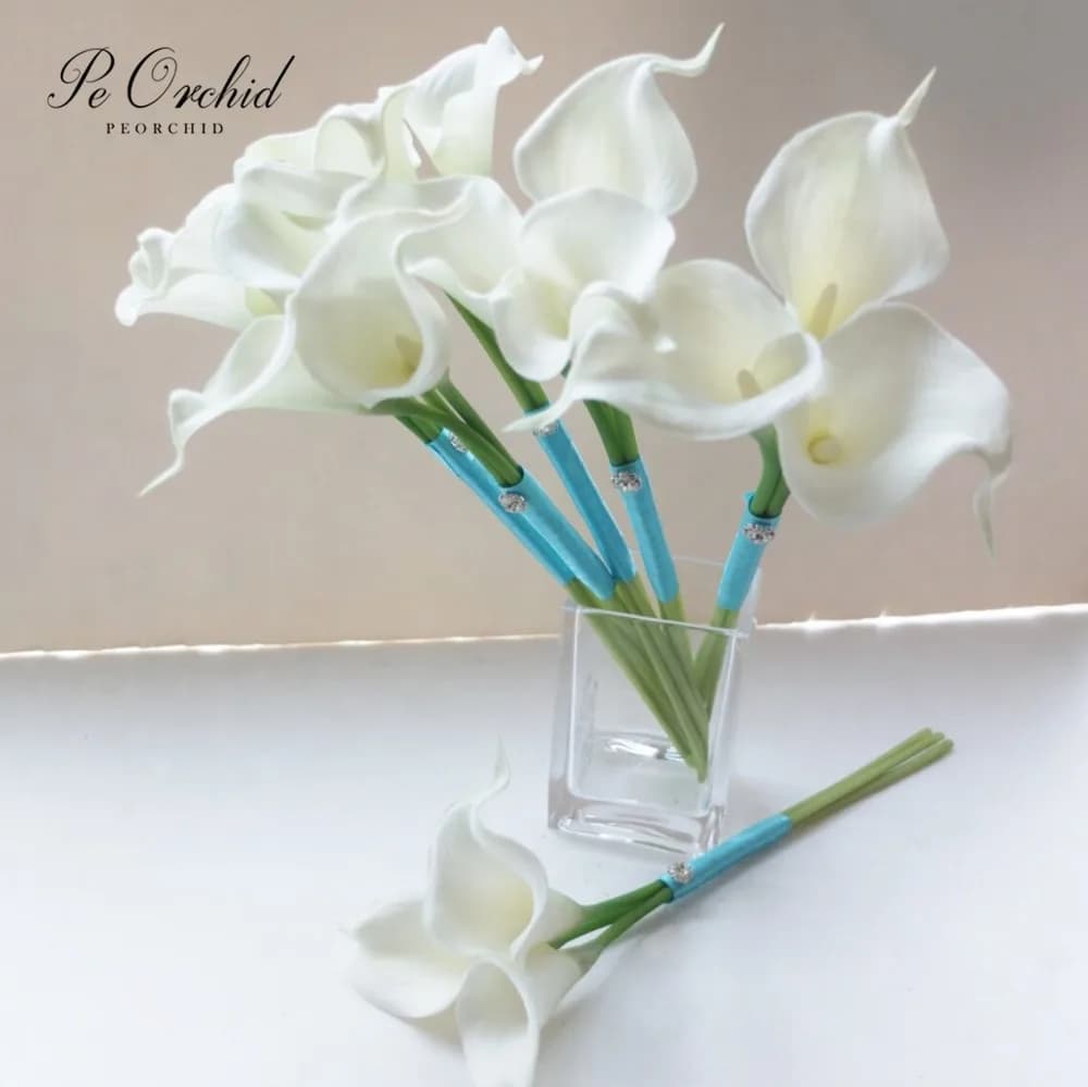 PEORCHID Custom Ivory Calla Lily Bridesmaid Bouquet Turquoise Ribbon Real Touch Flower Girl Bouquet Wedding Home Decorations