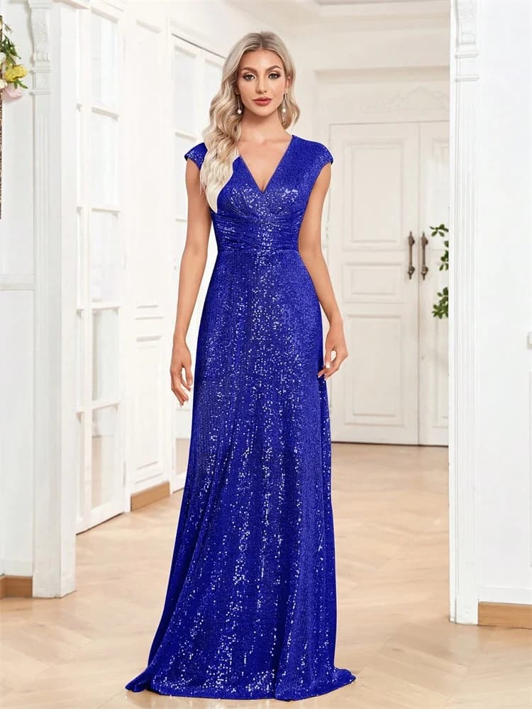 Women Elegant V-neck Mermaid Evening Dress Floor Length Formal Blue Prom Party Gown Sequins Sleeveless Vestidos