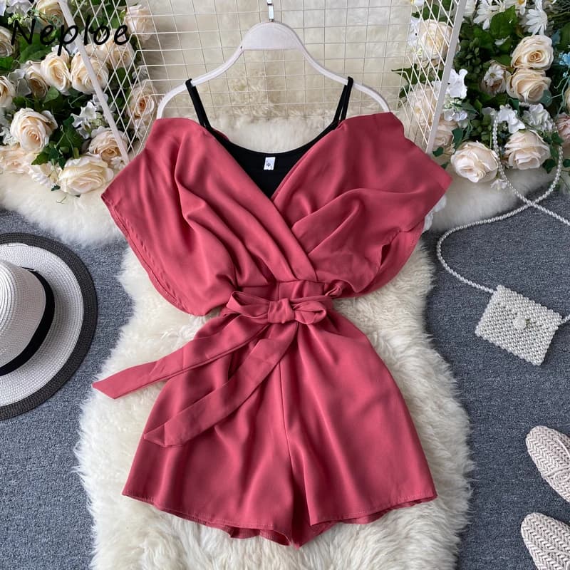 Neploe Off Shoulder Sling Women Playsuits 2025 Summer New Fake Two Piece Sleeveless Rompers High Waist Wide Leg Bodysuit 1F074