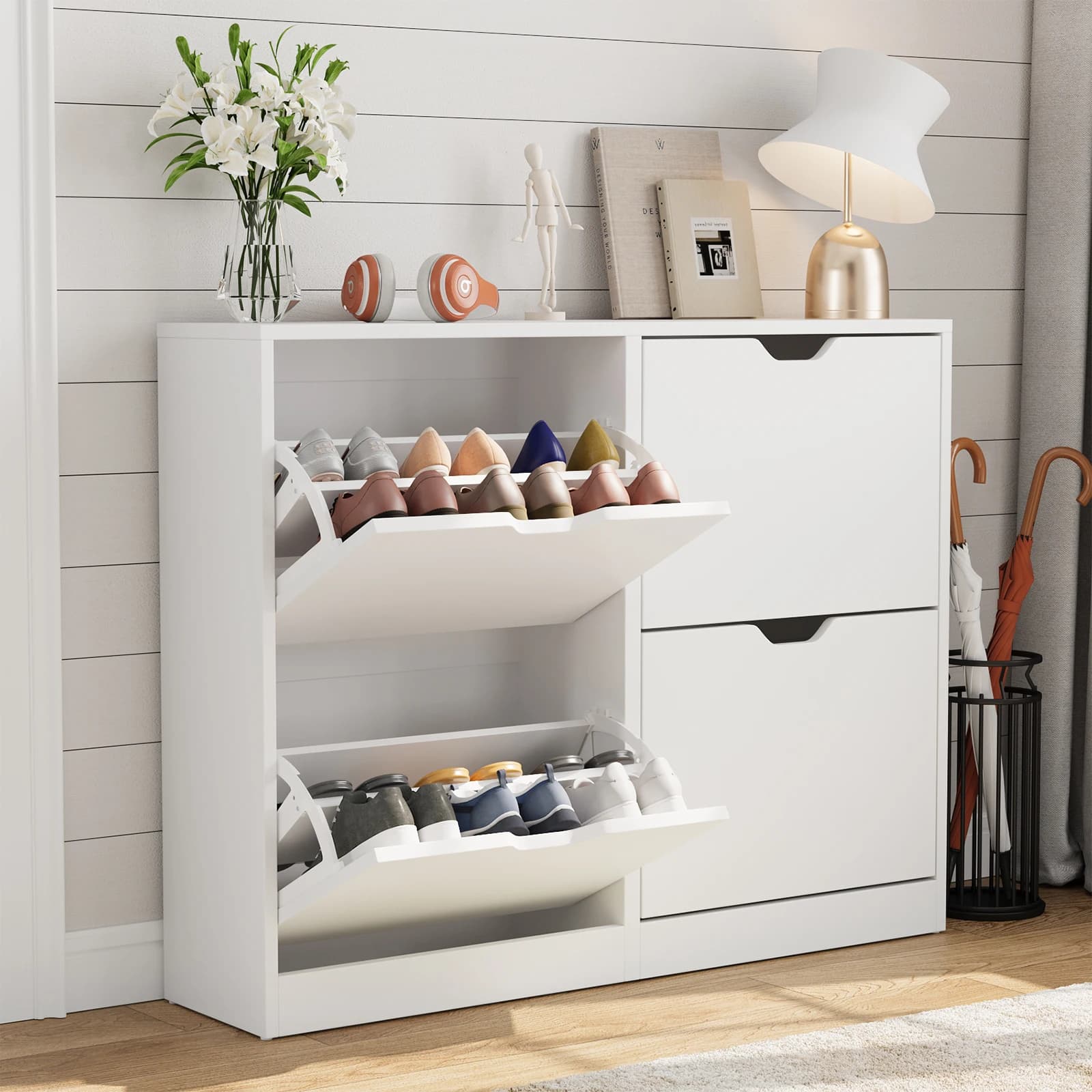 VOWNER Shoe Storage Cabinet with 4 Flip Drawers, Freestanding Shoe Cabinet