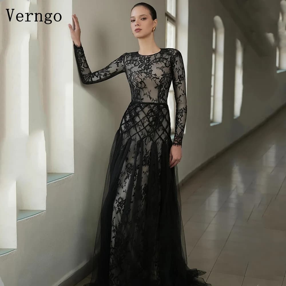 Verngo Black Lace Evening Dresses O Neck A Line Formal Occasion Dress Women Elegant Maxi Prom Gowns Customized