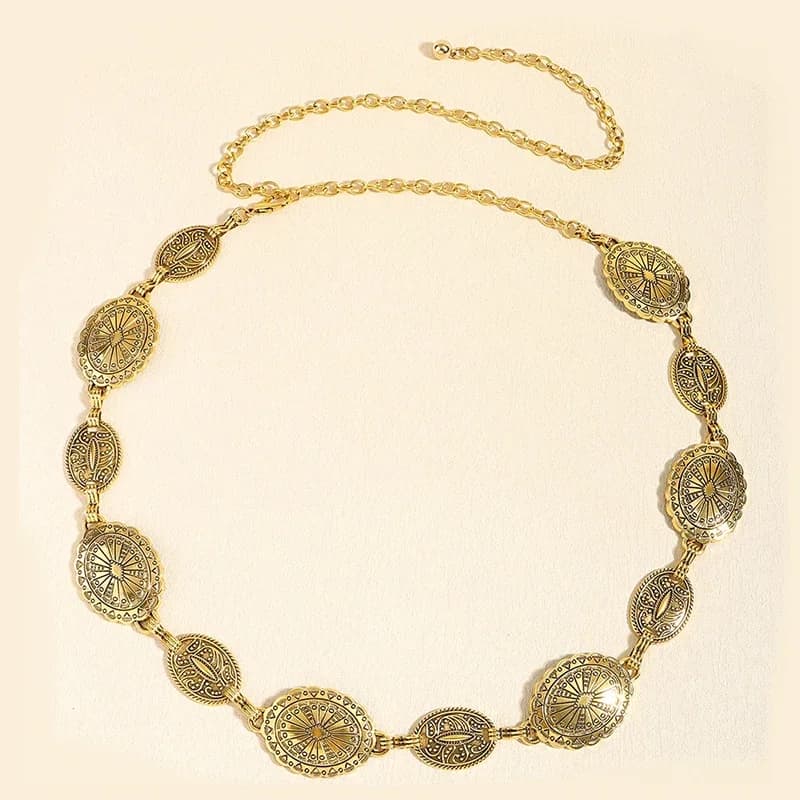 Retro style women's metal waist chain accessories Decorative circle carved chain belt high style accessories