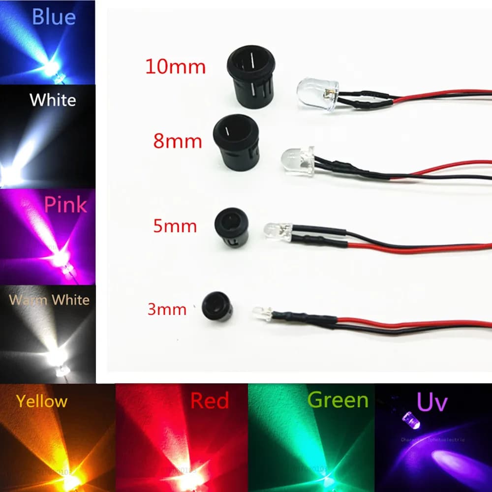 20 PCS Transparent LED Diodes DC3V 5V 12V 24V 3MM 5MM 10MM For Red/Green/Blue/Yellow/UV/ Orange/Pink/Hot/White/RGB Pre-cable