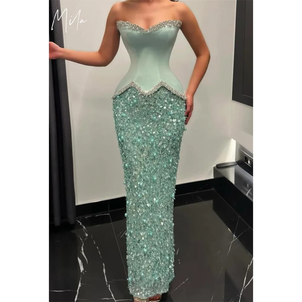 Mila Green Strapless Wedding Party Dress Customized Sleeveless Mermaid Beaded Evening Dresses Floor-Length vestidos de fiesta