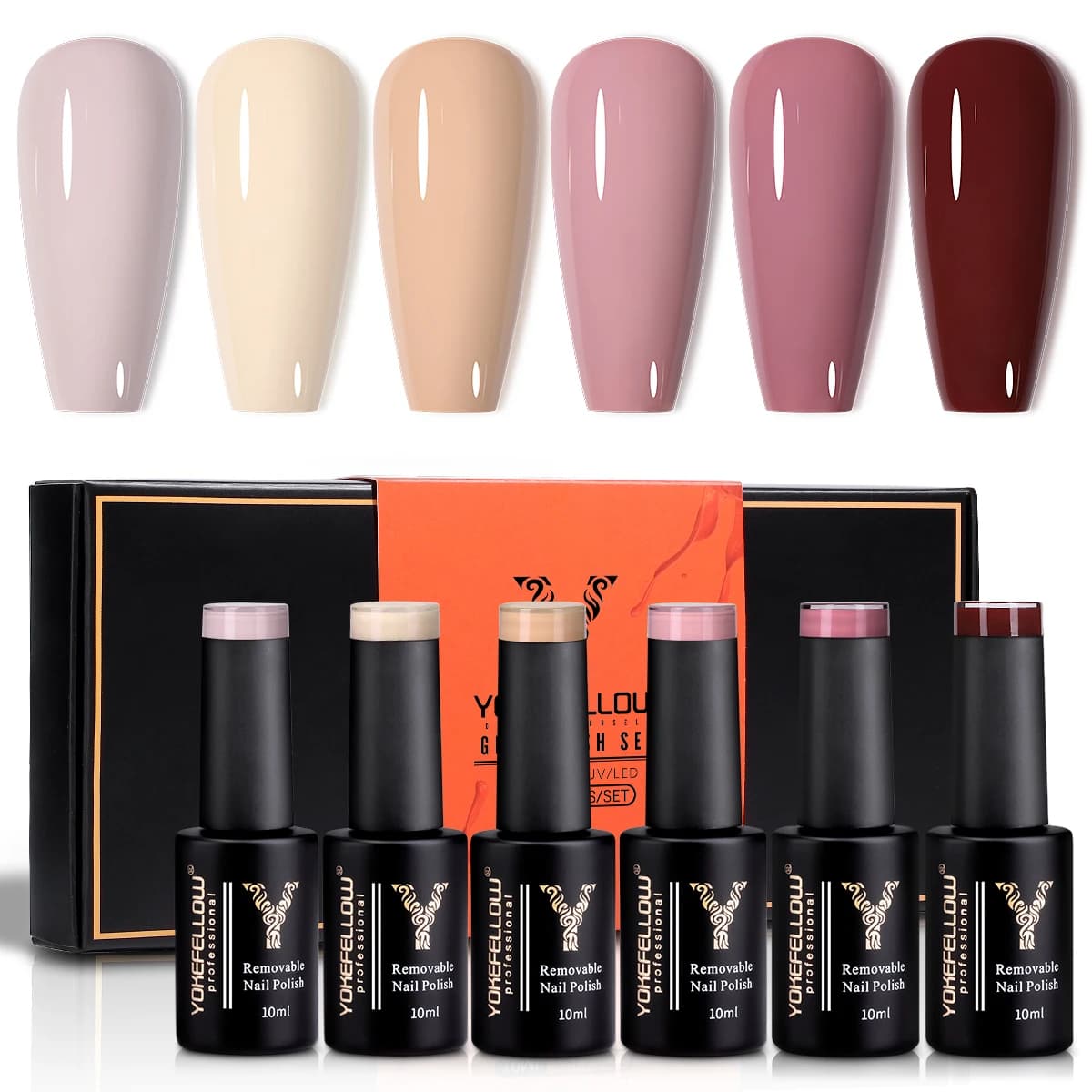 YOKEFELLOW Gel Polish Nail Set 6 Colors Skin Tones Nude Pink Gel Nail Polish Brown Neutral Soak Off Nail Art Design Salon DIY