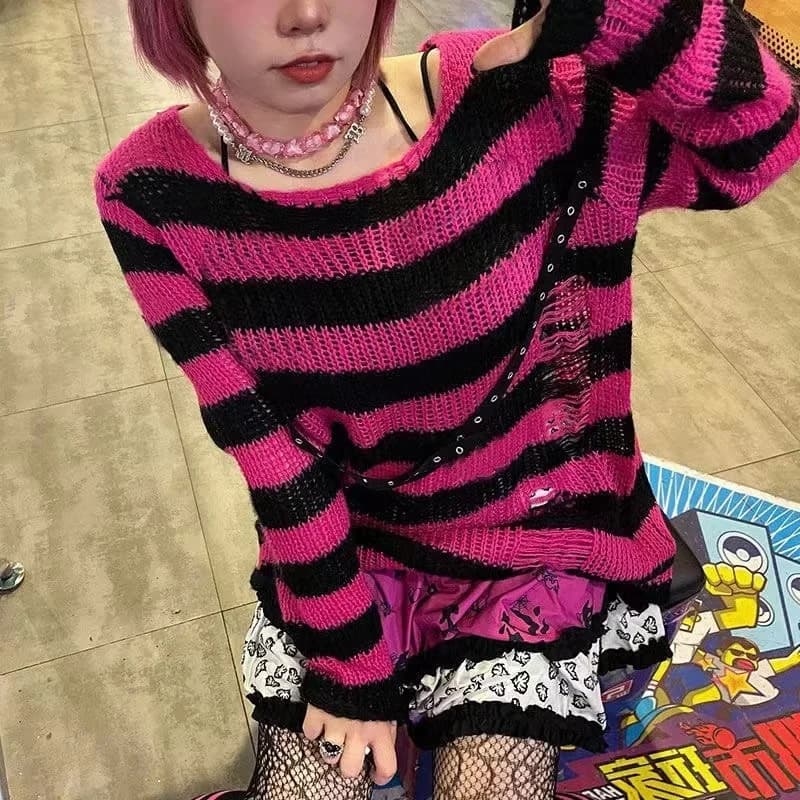 New Streetwear Top Punk Gothic Long Unisex Sweater Summer Women Striped Cool Hollow Out Hole Broken Jumper Loose Rock Thin Dark