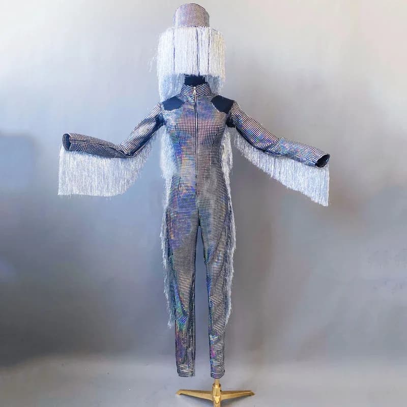 Nightclub Dj Ds Female Gogo Dancer Costume Symphony Sequins Fringe Sleeves Jumpsuit Hat Reflective Rompers Rave Outfit XS4895