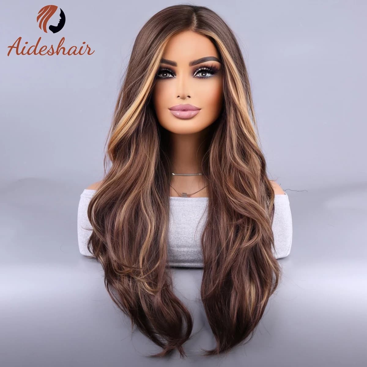 Synthetic wig european and American midsection curly hair wig female hair hanging ear highlights fluffy big waves mixed brown h