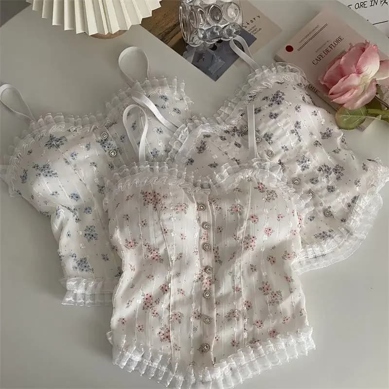 Floral Tube Tops French Wood Ear-hem Camisole Women's Breathable Lace Tank Tops Back-beautiful Underwear for Summer