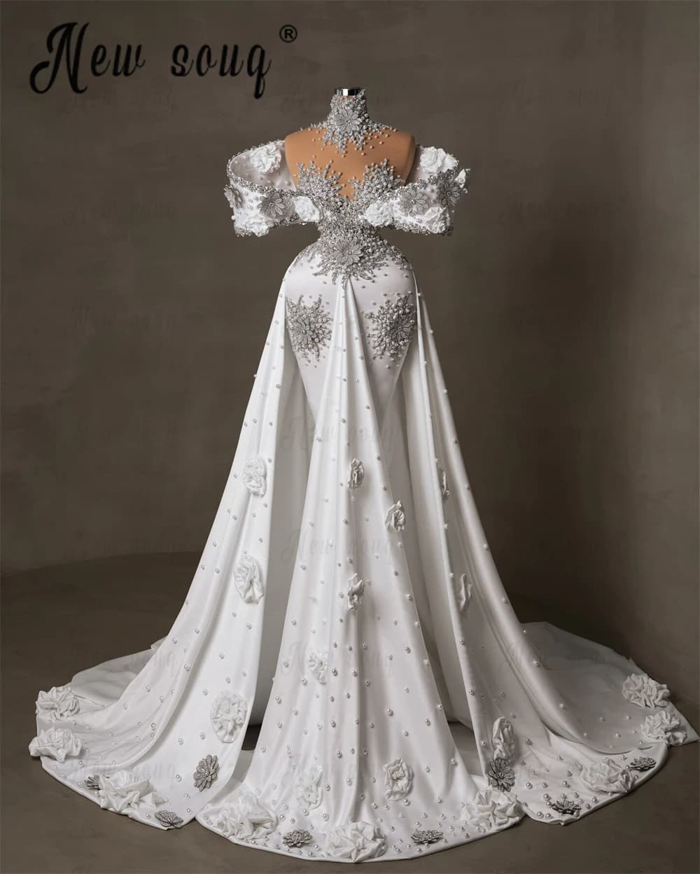 White Stone Embellished Wedding Dress Turtle Neck Off Shoulder Bridal Gowns Customized Women Engagement Dress 2025