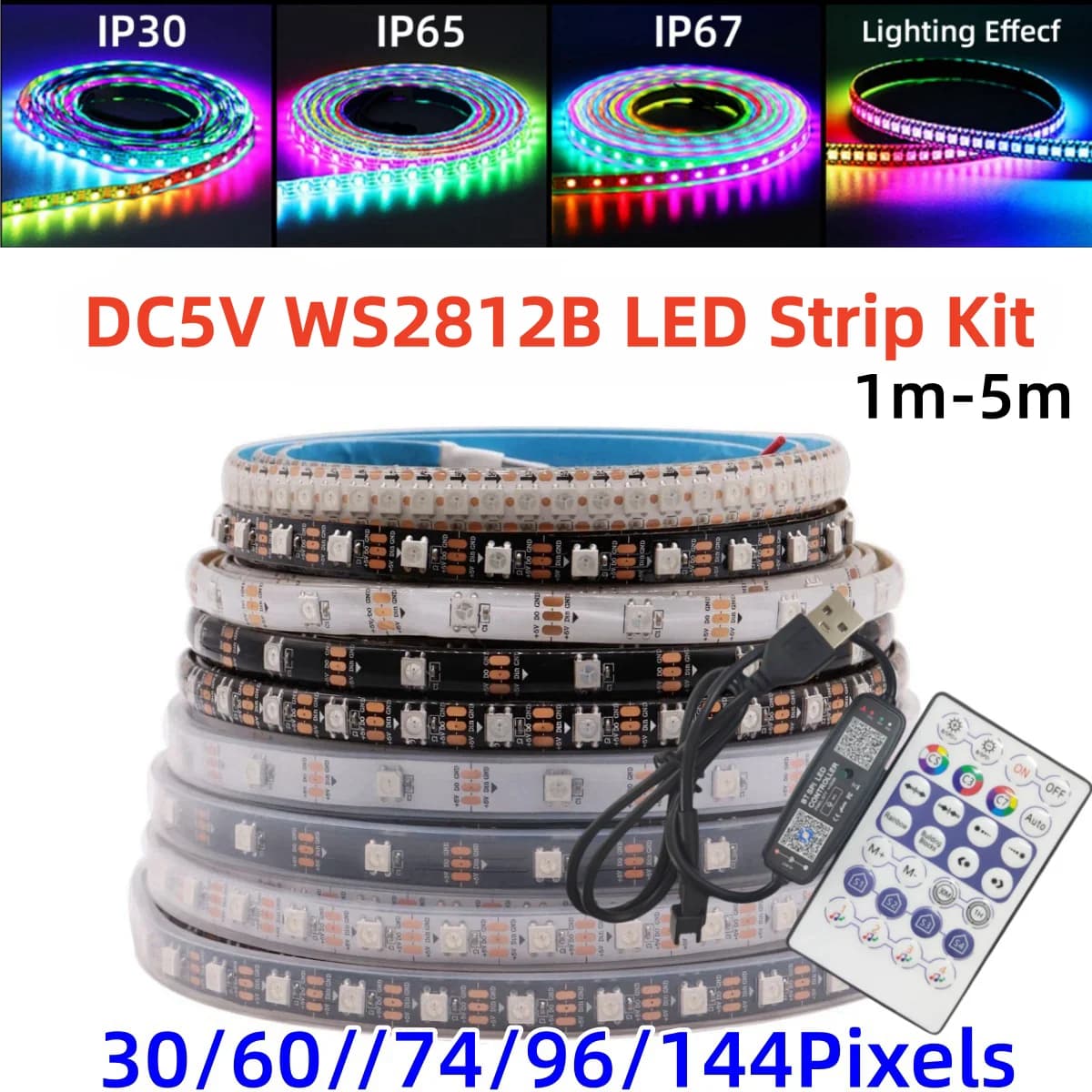 1/2/3/4/5M 5V Ws2812b Led Strip USB Music Controller Kits 5050 RGB Flexible Light APP Control TV Backlight Home Party Decor Kit